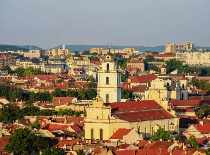 Framed Print : Church of St. Johns at sunrise, elevated view, Vilnius, Lithuania, Europe