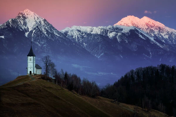 The Church of St. Primoz, Jamnik, at sunset, Slovenia, Europe