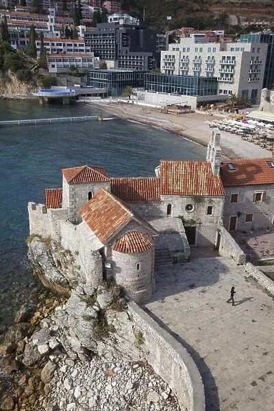 Church of St. Sava and Church of Santa Maria in Punta, Budva old town with the beach beyond