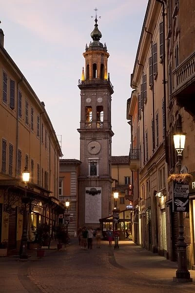 Church and street scene at dusk, Parma, Emilia Romagna, Italy, Europe