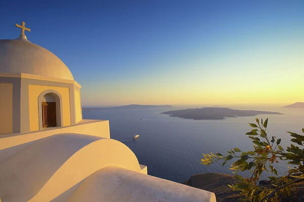 Church and sunset, Thira, Santorini, Cyclades, Greek Islands, Greece, Europe