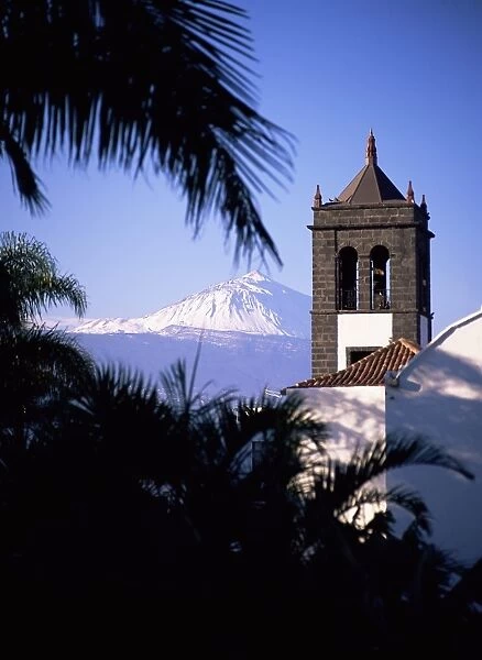 Church tower with Mount Teide behind
