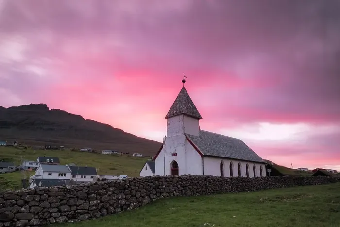 Framed Print : Church of Vidareidi village at sunrise, Vidoy Island, Faroe Islands, Denmark, Europe Framed Print : Church of Vidareidi village at sunrise, Vidoy Island, Faroe Islands, Denmark, Europe