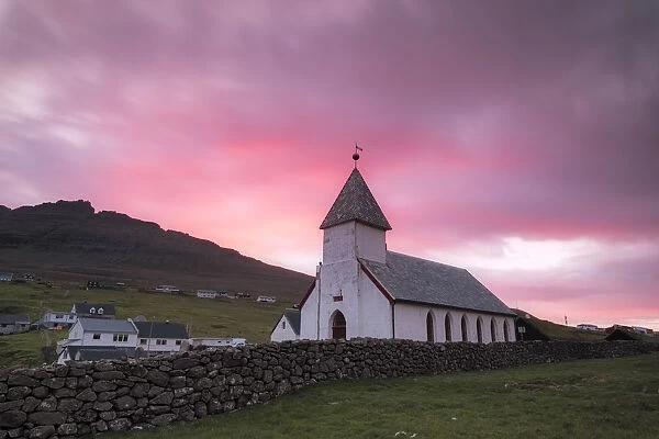 Church of Vidareidi village at sunrise, Vidoy Island, Faroe Islands, Denmark, Europe