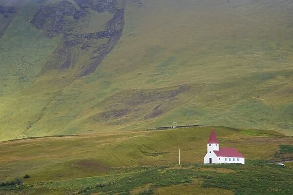 Church at Vik (Vik a Myrdal), south coast of Iceland (Sudurland), Iceland, Polar Regions