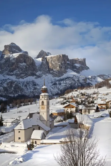 Framed Print : The church and village of Colfosco in Badia, 1645m, and Sella Massif range of mountains under winter snow, Dolomites, South Tirol, Trentino-Alto Adige Framed Print : The church and village of Colfosco in Badia, 1645m, and Sella Massif range of mountains under winter snow, Dolomites, South Tirol, Trentino-Alto Adige