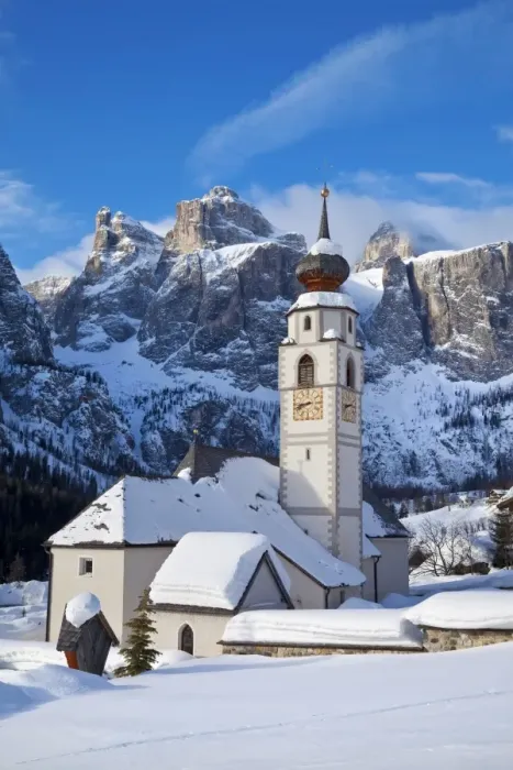 Framed Print : The church and village of Colfosco in Badia, 1645m, and Sella Massif range of mountains under winter snow, Dolomites, South Tirol, Trentino-Alto Adige Framed Print : The church and village of Colfosco in Badia, 1645m, and Sella Massif range of mountains under winter snow, Dolomites, South Tirol, Trentino-Alto Adige
