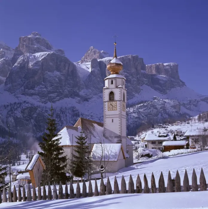 Framed Print : The church and village of Colfosco in Badia and Sella Framed Print : The church and village of Colfosco in Badia and Sella