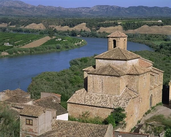 Church and village of Miravat overlook the River Ebro in Tarragona