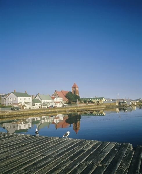 Church and waterfront at Stanley, Falkland Islands, South Atlantic