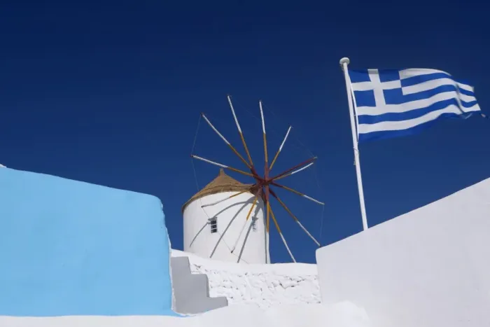 Framed Print : Church, windmill and Greek flag, Santorini, Cyclades, Greek Islands, Greece, Europe Framed Print : Church, windmill and Greek flag, Santorini, Cyclades, Greek Islands, Greece, Europe