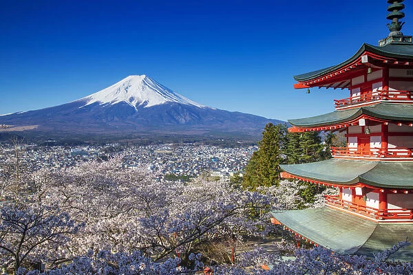 Chureito Pagoda in Arakurayama Sengen Park, and Mount Fuji, 3776m, UNESCO World Heritage