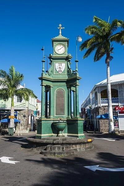 The Circus with the Victorian style Memorial clock, Basseterre, St. Kitts, St. Kitts and Nevis, Leeward Islands, West Indies, Caribbean, Central America