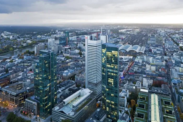 Framed Print : City centre from above at dusk, Frankfurt, Hesse, Germany, Europe
