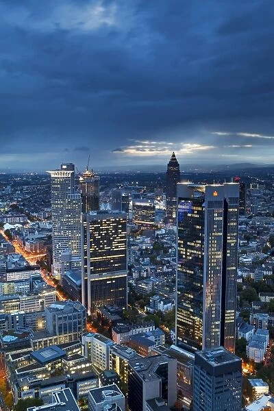 City centre from above at dusk, Frankfurt, Hesse, Germany, Europe