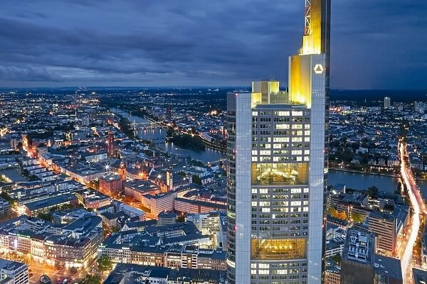City centre from above at dusk, Frankfurt, Hessen, Germany, Europe