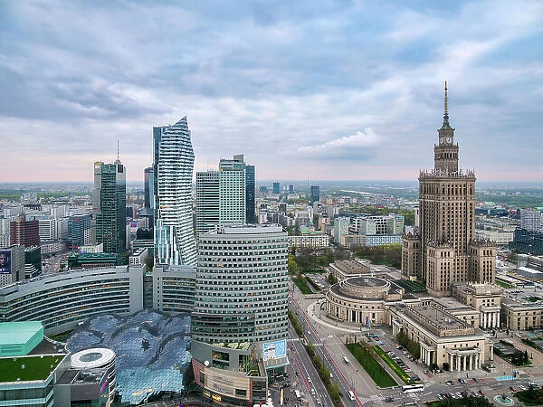 City Centre Skyline and Palace of Culture and Science, elevated view, Warsaw, Masovian Voivodeship, Poland, Europe
