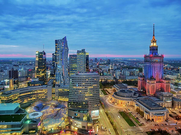 City Centre Skyline and Palace of Culture and Science at dusk, elevated view, Warsaw, Masovian Voivodeship, Poland, Europe