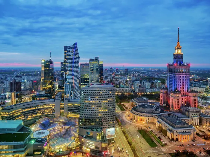 Framed Print : City Centre Skyline and Palace of Culture and Science at dusk, elevated view, Warsaw, Masovian Voivodeship, Poland, Europe Framed Print : City Centre Skyline and Palace of Culture and Science at dusk, elevated view, Warsaw, Masovian Voivodeship, Poland, Europe