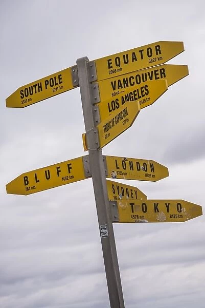 City distances sign at Cape Reinga Lighthouse, Northland, North Island, New Zealand