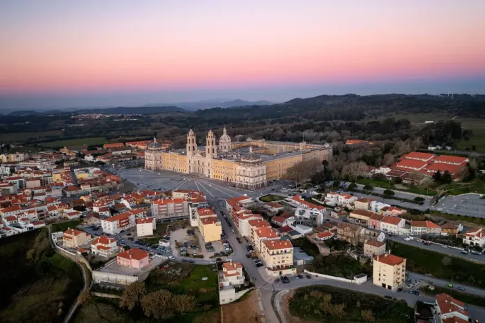 Framed Print : City drone aerial view at sunset with iconic Palace, Mafra, Portugal, Europe