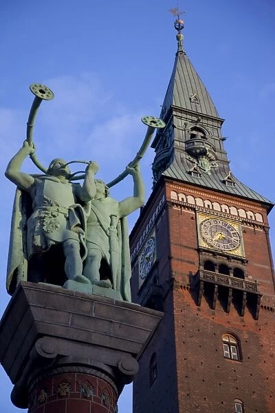 City Hall clocktower and statue, Copenhagen, Denmark, Scandinavia, Europe