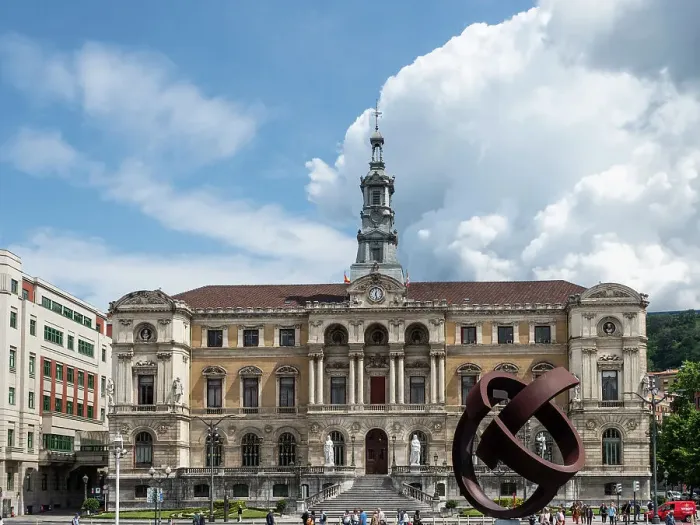 Framed Print : City Hall (Town Hall) and modern sculpture by Jorge de Oteiza, Bilbao, Basque Country, Spain, Europe