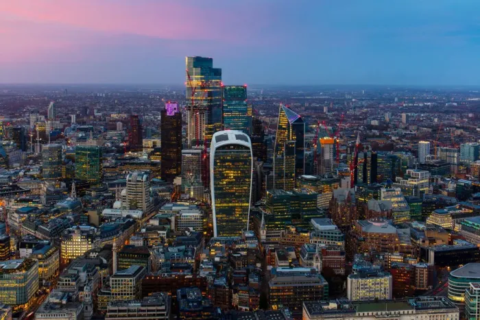 Framed Print : City of London skyscrapers at dusk, including Walkie Talkie building, from above, London Framed Print : City of London skyscrapers at dusk, including Walkie Talkie building, from above, London