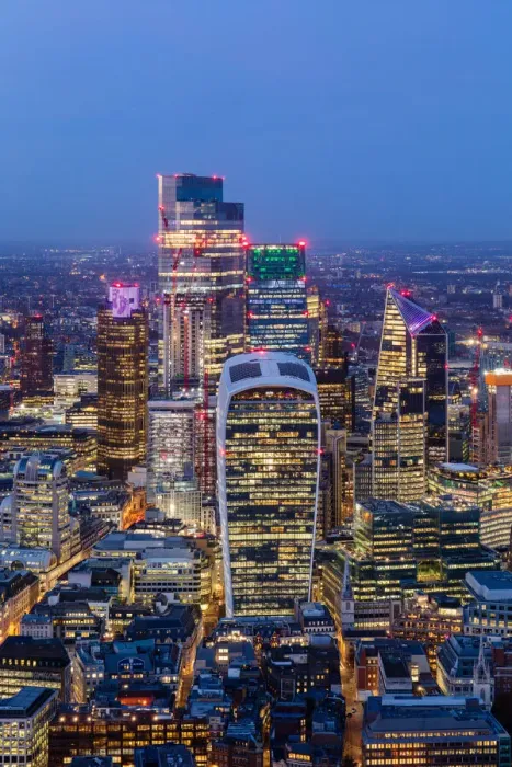 Framed Print : City of London skyscrapers at dusk, including Walkie Talkie building, from above, London Framed Print : City of London skyscrapers at dusk, including Walkie Talkie building, from above, London