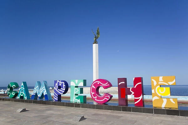 City Sign, Angel Maya Statue in the background, San Francisco del Campeche, State of Campeche, Mexico, North America