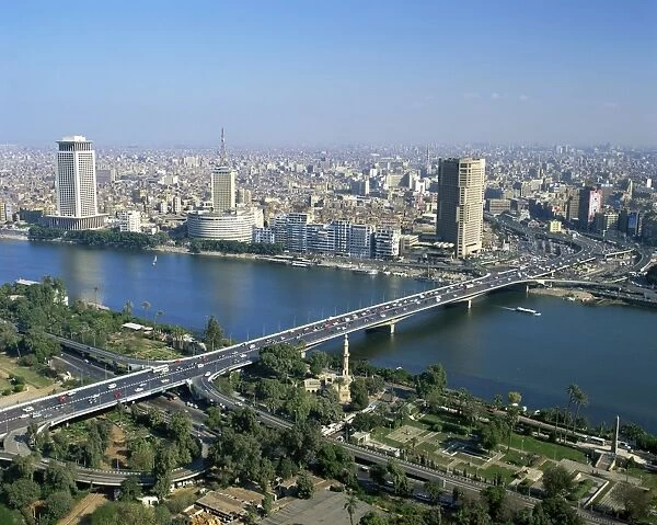 City skyline with the 6th October Bridge over the River Nile, seen from the Cairo Tower