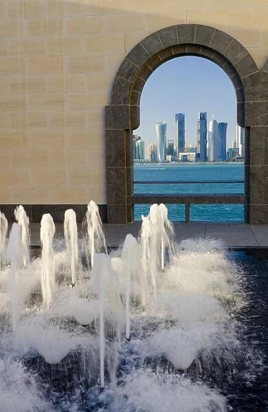 City skyline, Al Bidda Tower, Palm Tower West, Burj Qatar and Tornado Tower from Museum of Islamic Art, Doha, Qatar