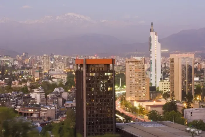 Framed Print : City skyline and the Andes mountains at dusk, Santiago, Chile, South America Framed Print : City skyline and the Andes mountains at dusk, Santiago, Chile, South America