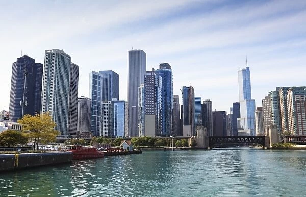 City skyline from the Chicago River, Chicago, Illinois, United States of America, North America