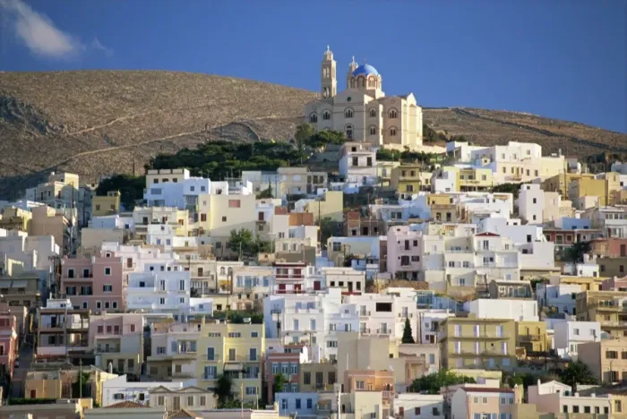 Framed Print : City skyline and church of Anastasis, Ermoupolis City, Syros, Cyclades Framed Print : City skyline and church of Anastasis, Ermoupolis City, Syros, Cyclades