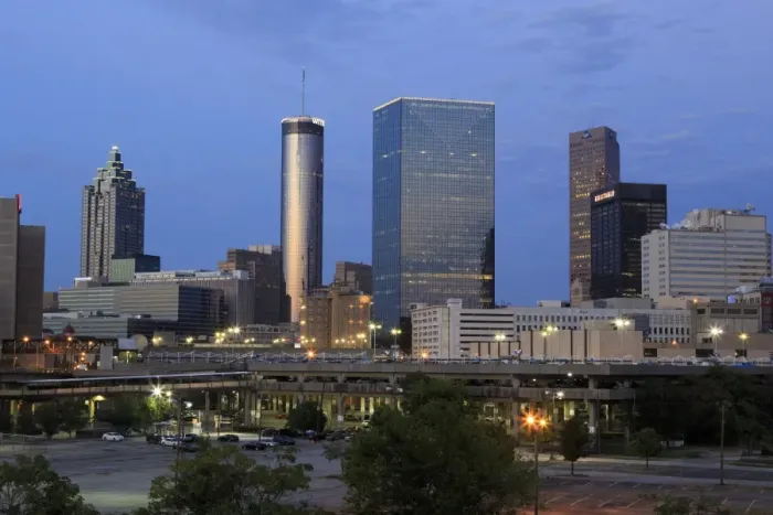 Framed Print : City skyline at dusk, Atlanta, Georgia, United States of America, North America Framed Print : City skyline at dusk, Atlanta, Georgia, United States of America, North America