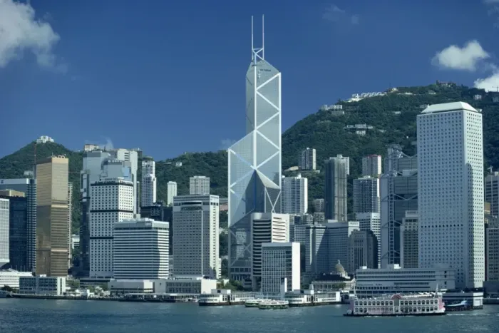 Framed Print : The city skyline from the harbour with the Bank of China in the centre on Hong Kong Island Framed Print : The city skyline from the harbour with the Bank of China in the centre on Hong Kong Island