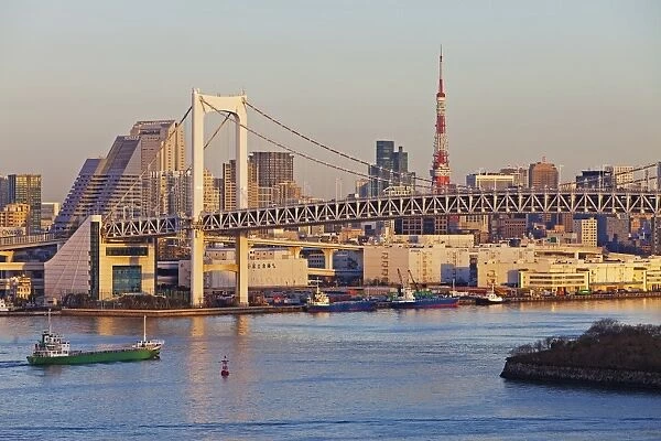 City skyline including the Rainbow Bridge and Tokyo Tower, Odaiba, Tokyo Bay