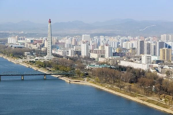 City skyline and the Juche Tower, Pyongyang, Democratic Peoples Republic of Korea (DPRK), North Korea, Asia