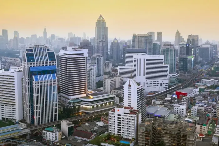 Framed Print : City skyline looking along the BTS Skytrain, Sukhumvit Road and Phloen Chit, with Framed Print : City skyline looking along the BTS Skytrain, Sukhumvit Road and Phloen Chit, with