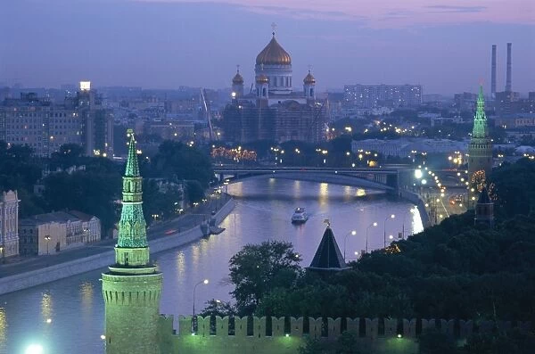 City skyline and the Moskva River at dusk