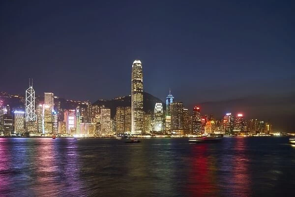 City skyline at night of the financial centre on Hong Kong Island with Bank of China Tower
