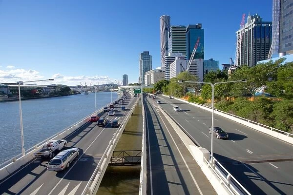 City Skyline and Pacific Motorway from Victoria Bridge, Brisbane, Queensland, Australia
