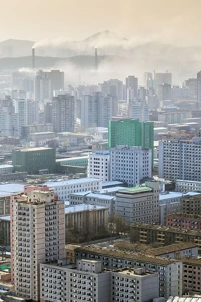 City skyline and pollution from coal fired power plants, Pyongyang, Democratic Peoples Republic of Korea (DPRK), North Korea, Asia