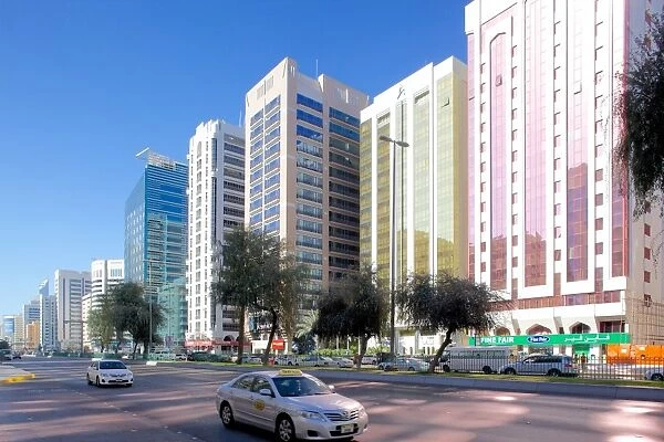 City skyline and Rashid Bin Saeed Al Maktoum Street, Abu Dhabi, United Arab Emirates, Middle East
