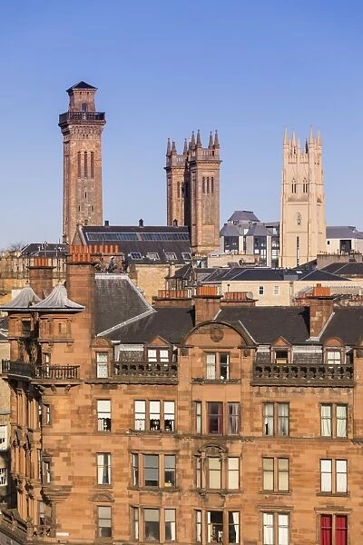 City skyline view of the towers of Trinity College and Park Church in the West End of Glasgow