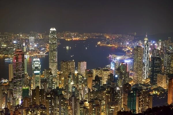 City skyline viewed from Victoria Peak by night, Hong Kong, China, Asia