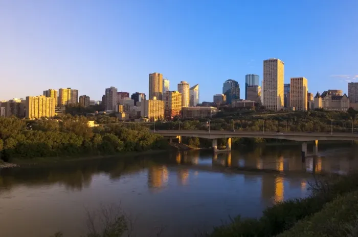 Framed Print : City at sunrise with the Saskatchewan River in foreground, Edmonton, Alberta Framed Print : City at sunrise with the Saskatchewan River in foreground, Edmonton, Alberta