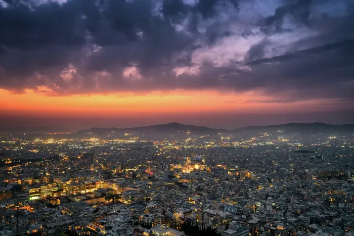 Framed Print : City at sunset with Parthenon and Acropolis seen from Lycabettus hill viewpoint, Athens, Greece