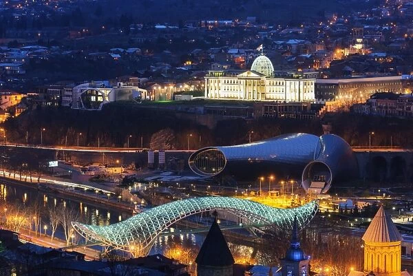 City view including Presidential Palace, Bridge of Peace on Mtkvari River. Tbilisi
